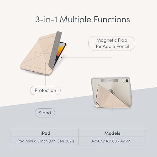 מארז Moshi Versacover תואם ל- iPad Mini 6 2021, אפשרויות 3 צפייה, שינה אוטומטית/התעוררות, תומכים בטעינה של עפרון אפל, סוואנה בז '