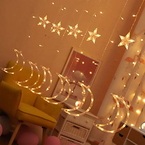 אורות כוכב Zhuohao אורות וילון ירח 138 LED כוכב אורות חג המולד קישוט חלון חתונה עץ חג המולד מסיבת גן קורה אורות ירח חיצוניים סוללת USB
