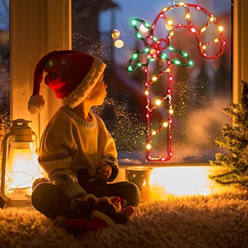 אורות חלון קני ממתקים בגודל 16 אינץ ', קנה ממתקים מואר עם 8 מצבים וטיימר, שלט רחוק, קישוטי אורות צללית של חלון חג המולד המופעל על ידי