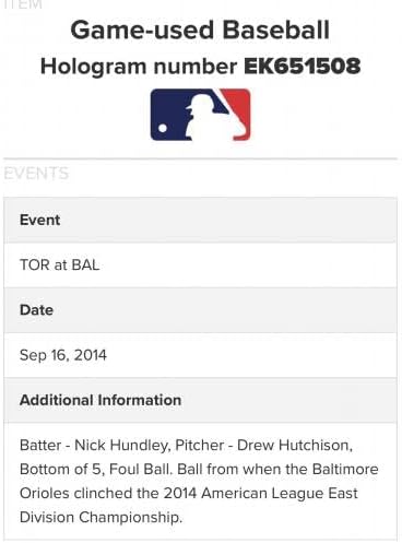 Baltimore Orioles משחק 60 שנה לשימוש לוגו בייסבול MLB Holo 2014 Al East - משחק משומש בייסבול