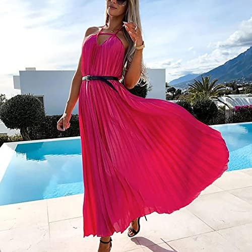 שמלת קיץ לנשים מקרית אופנה הלטר צוואר קפלים ארוך שמלה עם חגורה זורם מקסי שמלה