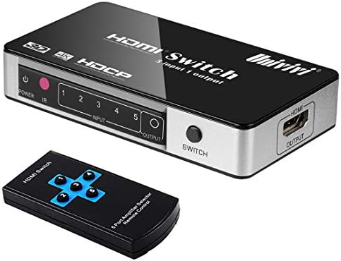 מתג Univivi HDMI 4K 5 יציאות HDMI מפצל עם שלט רחוק ומתאם כוח, 5 ב 1 Out HDMI מתג Box Box Box תומך Ultra 4K 30Hz 1080p עבור PS3 PS4 Xbox
