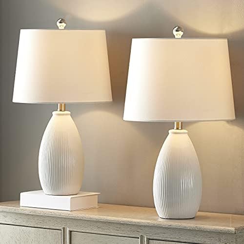 מנורות שולחן מקסקס סט של 2 - מנורות שידות לילה קרמיקה מנורת מיטה לבנה עם צל לבן לחדר שינה, סלון, משרד - 22 סנטימטרים