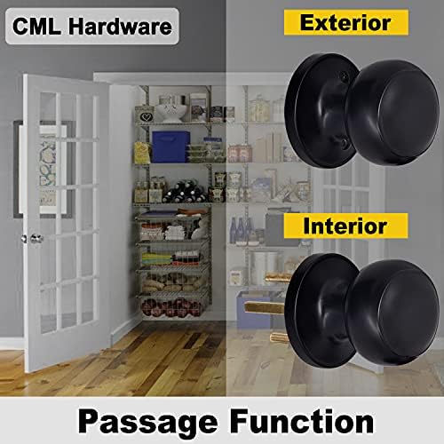 כפתור דלתות מעבר לחומרה CML, נעילת דלת פנים שחורה מטה מסדרון או ארון, ללא נעילה, ידית כדור עגולה