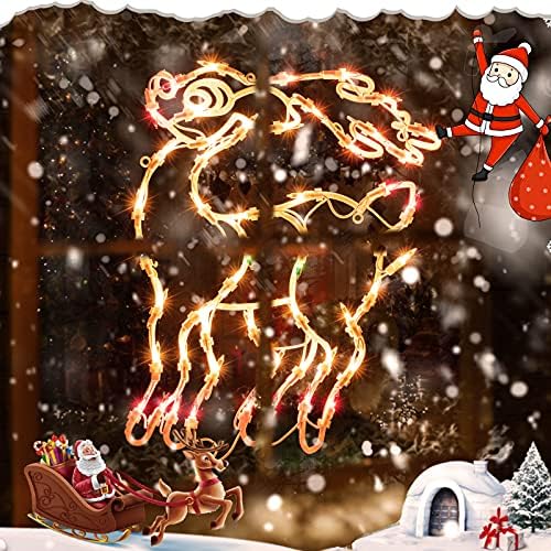 חלון חג המולד צללית אורות קישוטי אורות חבילה של 2 איילים מוארים ופעמונים אורות חלון חג מולד עם 100 נורות לחופשה קירוי דלת קיר מקורה קישוטי