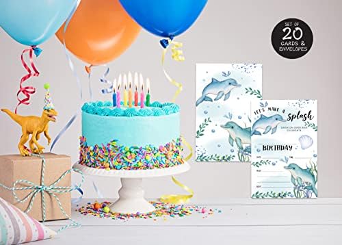 Qofo דולפין הזמנות למסיבת יום הולדת-סט של 20 עם מעטפות, נושא המסיבה העולמי של אוקיאנוס, לימי הולדת ומסיבות חוף קיץ, קישוטים למסיבות וציוד-