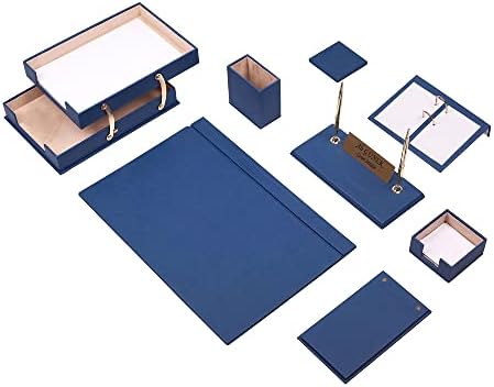 סט שולחן עור כחול מוג - כרית שולחן - מחזיק נייר הערה - מחזיק פן - רכבת עור - אביזרי דסק -דסק -דסק - אביזרי שולחן משרדים - אחסון שולחני,