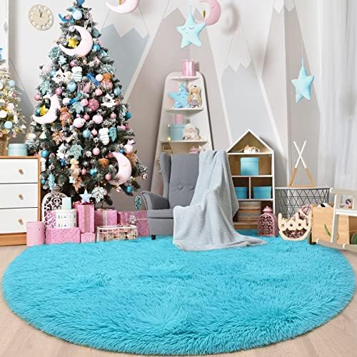 שטיח עגול כחול גיפה לחדר שינה בנות, שטיח מעגל רך 4'x4 'לעיצוב חדר ילדים, שטיח מעגלי מדובל