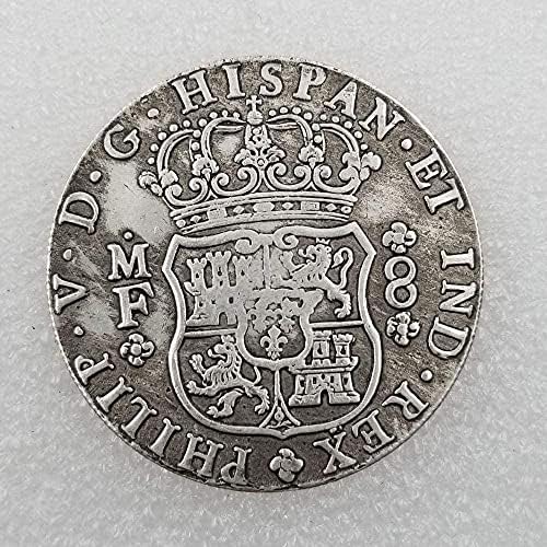 מלאכות עתיקות 1741 פליז ספרדי מצופה מכסף מטבע דולר ישן כסף 137