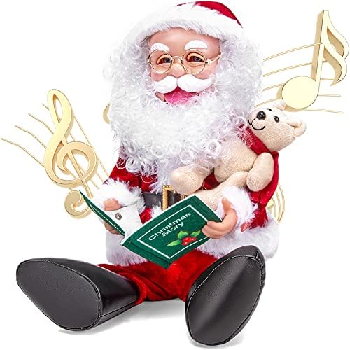 ELAMAS 13 צלמיות סנטה קלאוס מונפשות קישוט - צעצועי סנטה אמצעיים של חג המולד של חג המולד עם סיפורי קול, תנועה מקורה בסגנון ישיבה מקורה