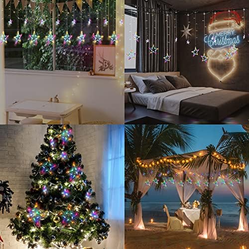 12 כוכבים אורות וילון LED עם שלט רחוק עמיד למים 138 נוריות נדנדה אורות נצנוץ USB מופעל למסיבת חדר שינה חתונה לחתונה לחג המולד אוהלי קמפינג,