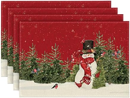 מצב ארטואיד איש שלג קרדינלס עצים מפיות חג המולד לשולחן אוכל, 12 על 18 אינץ 'ציפורים חורף עונתיות חג המולד כפרי וינטג' הודיה מחצלות שולחן