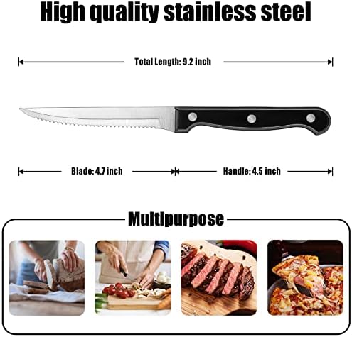 סט של 8, מלא טאנג סטייק סכיני סט, משולש מרותק להב ושחור ידיות עיצוב ארגונומי, עמיד סטייק סכין סט לבית ומטבח
