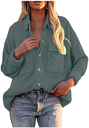ז'קט חולצות שרוול ארוך של נשים קורדרוי, כפתור גדול מדי, מטה על חולצות דש מזדמנים עם כיסים