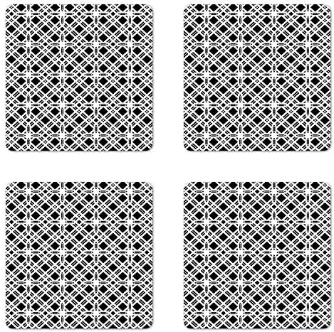 סט רכבת גיאומטרי של אמבסון של 4, מרובעים דפוסים חוזרים על דפוס מונוכרום עם השראות וינטגיות, תחתיות מבריק מרובע, גודל סטנדרטי, לבן אפור
