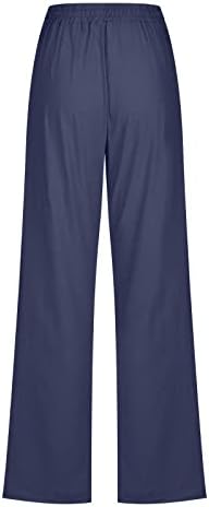 נשים מקרית רחב רגל מכנסיים קיץ כותנה פשתן מכנסי טרנינג אלסטי מותניים ישר ארוך טרקלין מכנסיים עם כיסים