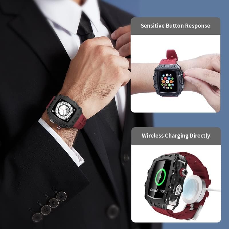 רצועת גומי מתכת 44 ממ מתכת לרצועת גומי של Apple Watch Series 7 45 ממ ערכת שינוי מודר יוקרה עם כיסוי מסך זכוכית עבור IWatch SE 654