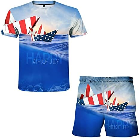 תלבושות אימוני קיץ מזדמנים לתלבושות לגברים 4 ביולי חולצת טי ומכנסיים קצרים ספורט תלבושות אימון דגל אמריקה נוחות