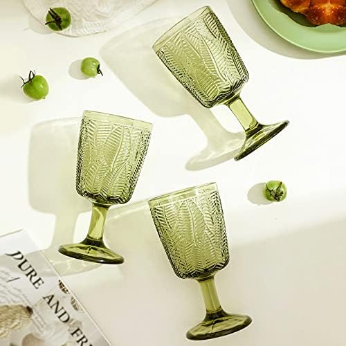 סט זכוכית יין ירוק וינטג ' - סט 6 חלקים, 11 אונקיות, דפוס פרחוני מובלט החלקה, זכוכית ירוקה, חומרים בטוחים ולא רעילים, מגוון אירועים, דקורטיביים