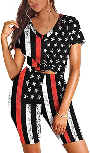 צמרות דגל אמריקאיות של נשים 4 ביולי ללא שרוולים/שרוול קצר עניבה דפוס טריקו טריקו של יום עצמאות מזדמן