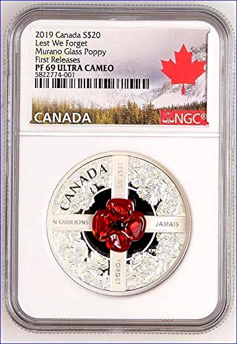 2019 CA קנדה קנדה מוראנו זכוכית פרג לראשונה משחרר מטבע הוכחת כסף שמא נשכח 20 $ PF69 NGC