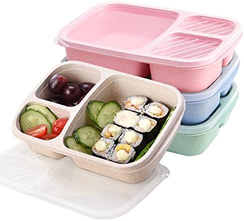 סט של 4 קופסות ארוחת צהריים, 3-תא ארוחת-הכנת מכולות, קופסא ארוחת צהריים לילדים, במיקרוגל, עמיד, לשימוש חוזר מזון אחסון מכולות עבור בית
