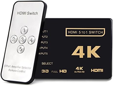 מתג HDMI 4K, אינטליגנטי 5-Port HDMI מתג מתג מתג תומך ב- 4K, Full HD1080P, 3D עם IR שלט למתג, Xbox, Roku 3, Apple TV, HD TV, PS3 PS4
