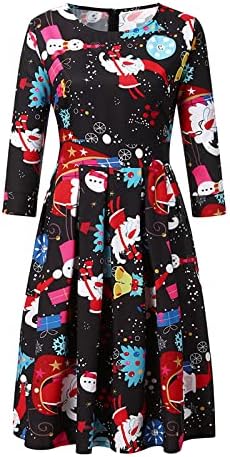 חג המולד מידי שמלה לנשים אופנה 3/4 שרוולים צווארון עגול סוודר שמלת פתית שלג איילים הדפסת מקרית חולצות שמלה