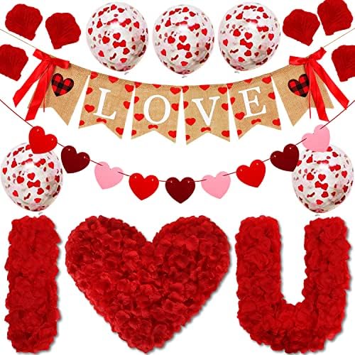קישוטים באנר של יום האהבה, ולנטיינס אוהבים באנרים יוטה עם 1000 יחידות אדום פרח ורד מלאכותי צורה כותרת צורת לב באנר אדום לב בלוני קונפטי