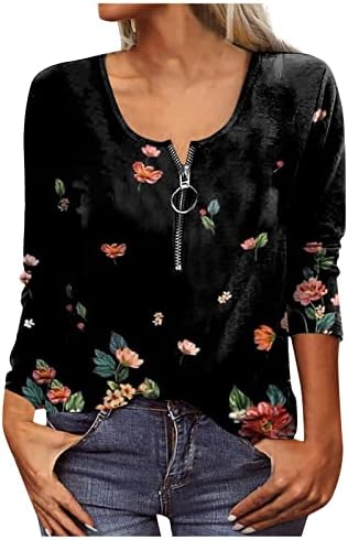 בתוספת גודל חולצות לנשים סתיו אופנה מזדמן פרח מודפס עגול צוואר רוכסן ארוך שרוולים למעלה