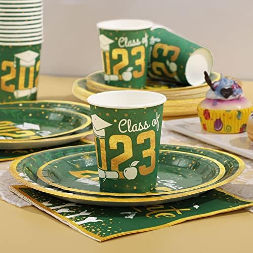 2023 סיום נייר צלחות כלי שולחן סט כולל צלחות, מפיות, כוס, סכינים, מזלגות, כפות עבור מכללת תיכון מסיבת סיום קישוטי ירוק זהב מסיבת סיום